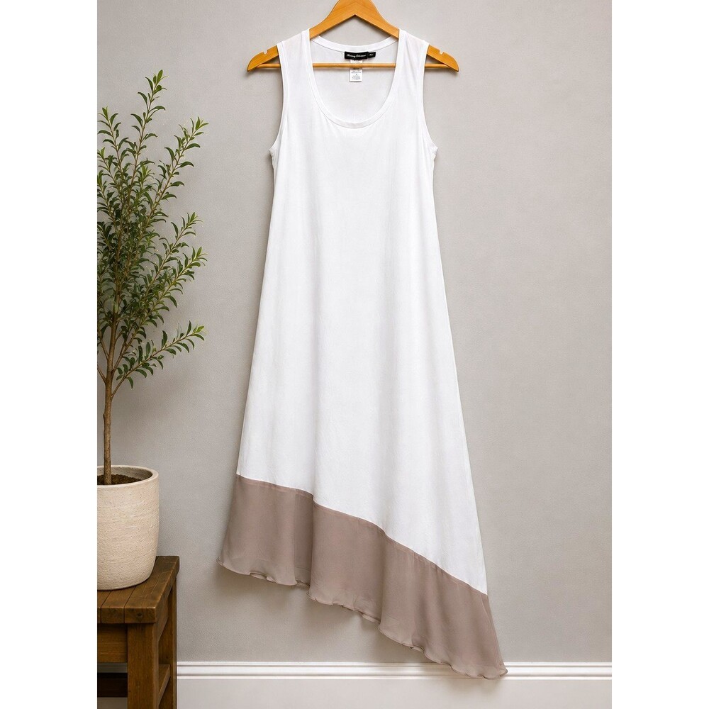 Tommy Bahama Petite S White Beige Asymmetrical Dress Cotton Sheer Hem TSW34301C